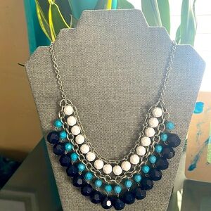 Layered Adjustable Silver Tone Chain Necklace with Blue and White Beads